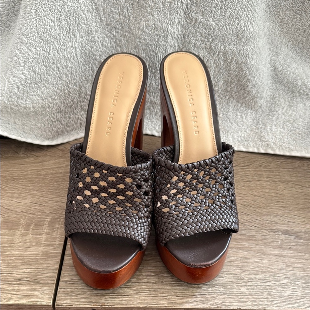 Veronica Beard Brown Woven Mules with Intricate Design